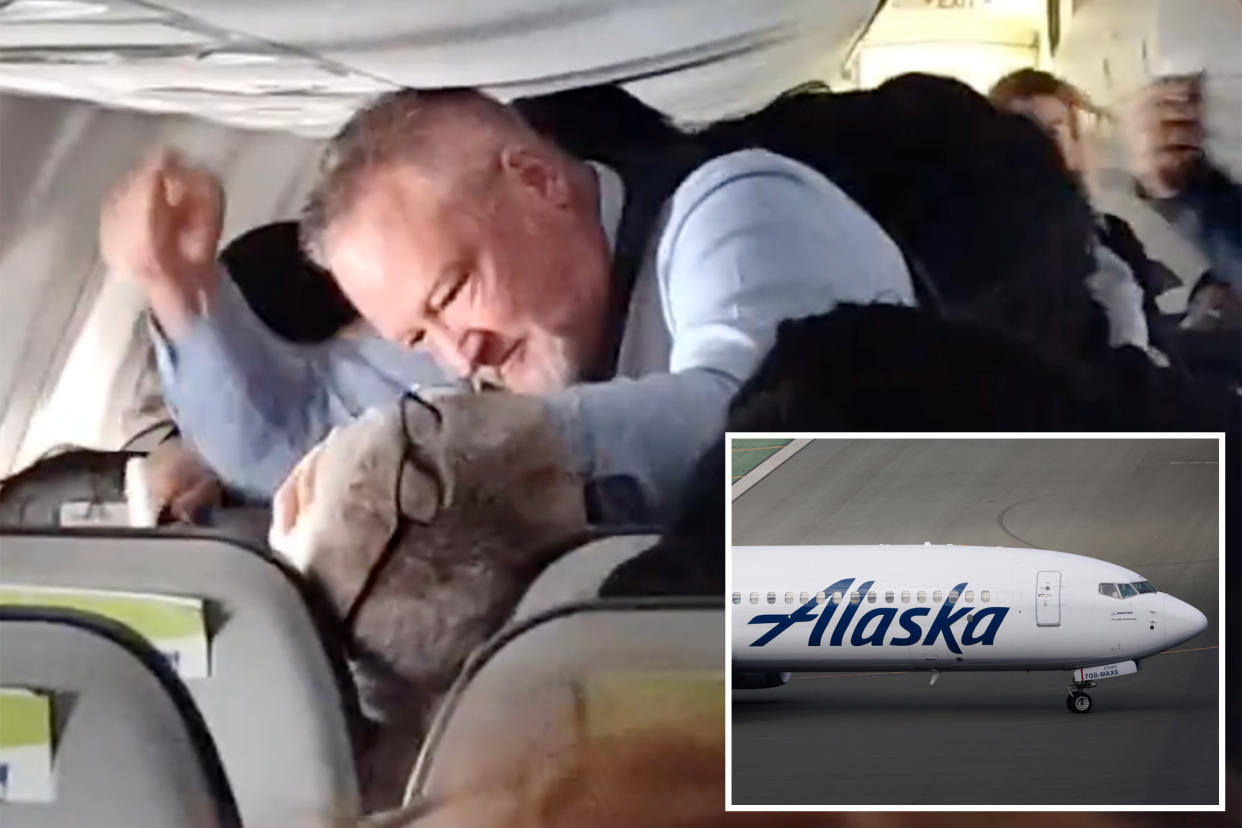 Viral video shows Alaska Airlines flight attendant punching screaming man who attacked female passenger